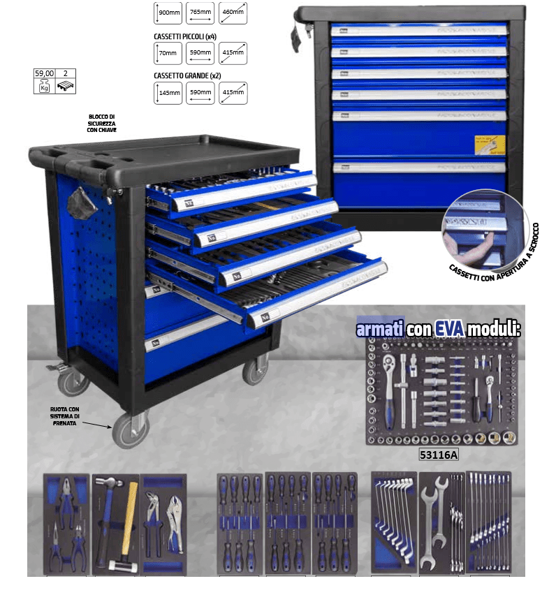 CARELLO DA OFFICINA A 6 CASSETTI COMPLETO DI ATTREZZATURA - Autoricambi4x4